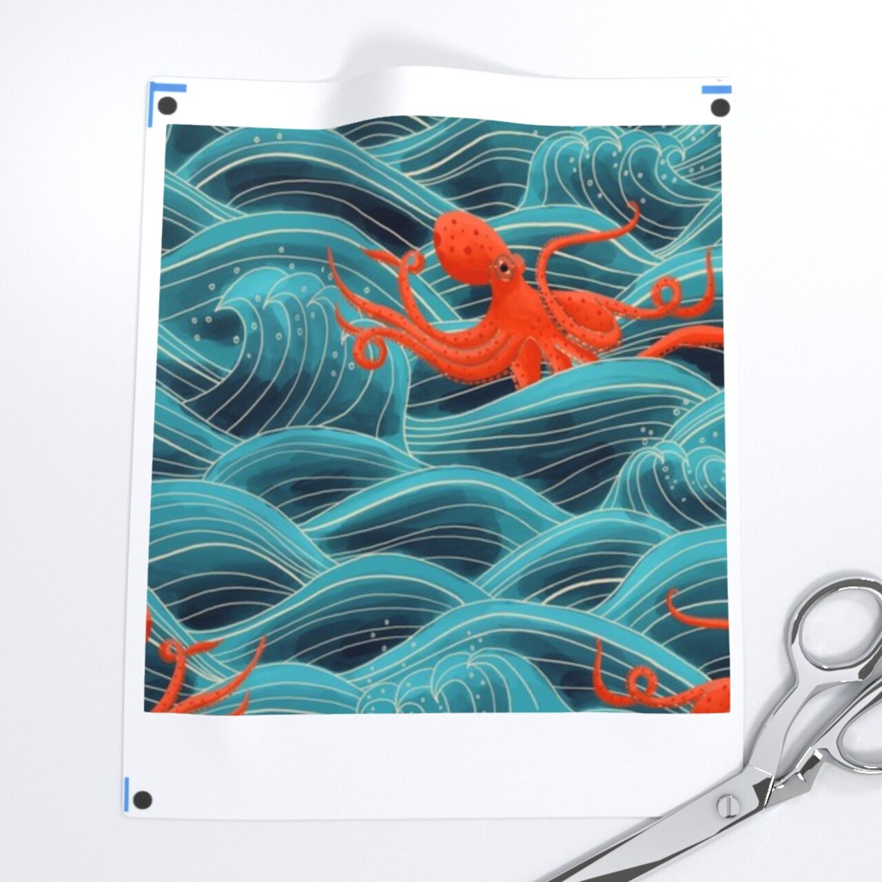 Nautical Whimsical Waves Blue Orange Custom Printed Fabric by Spoonflower Various Fabrics by the Yard or Fat Quarter